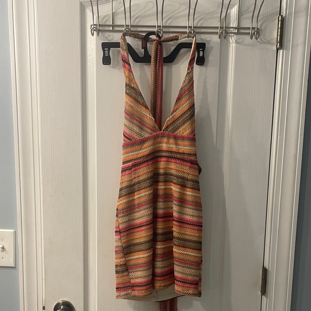 Kendall & Kylie Striped Halter Mini Dress - Pink, Tan & Orange